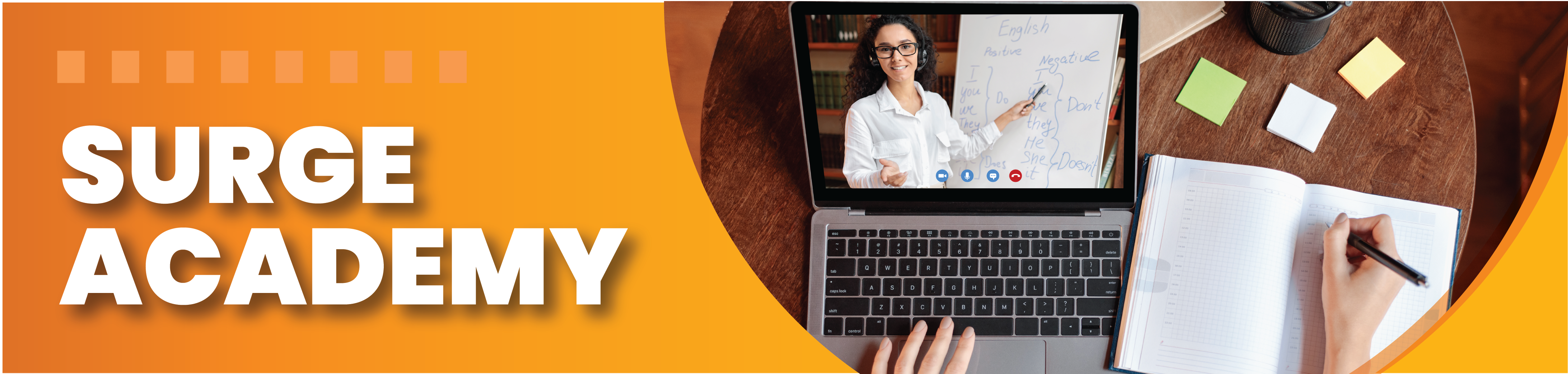 Surge Academy header image with orange background person taking notes watching a online course